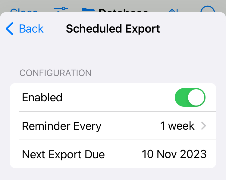 Scheduled Export settings on iPhone