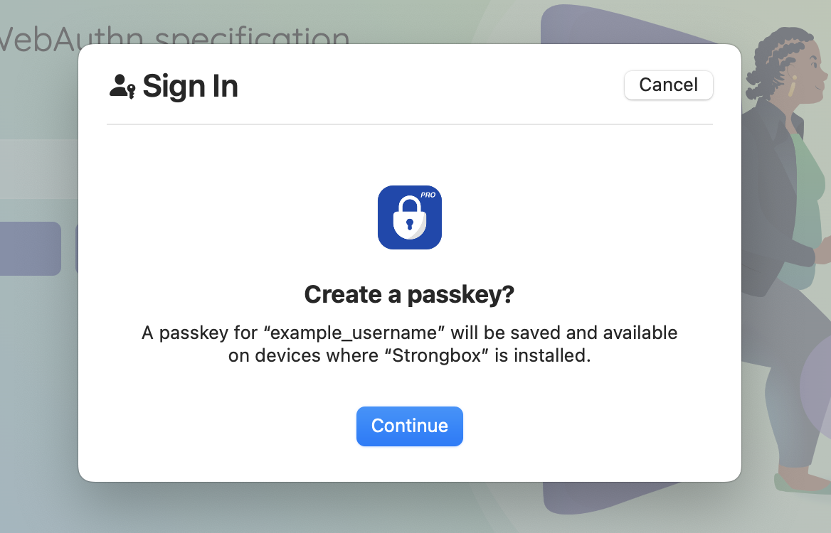 Create a passkey in Strongbox with Chrome